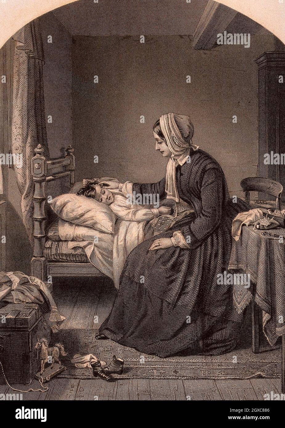 A mother sits by her child's bed stroking his face while he sleeps. Engraving. - Lettering The mother's blessing. Engraved by permission of Messrs Stock Photo