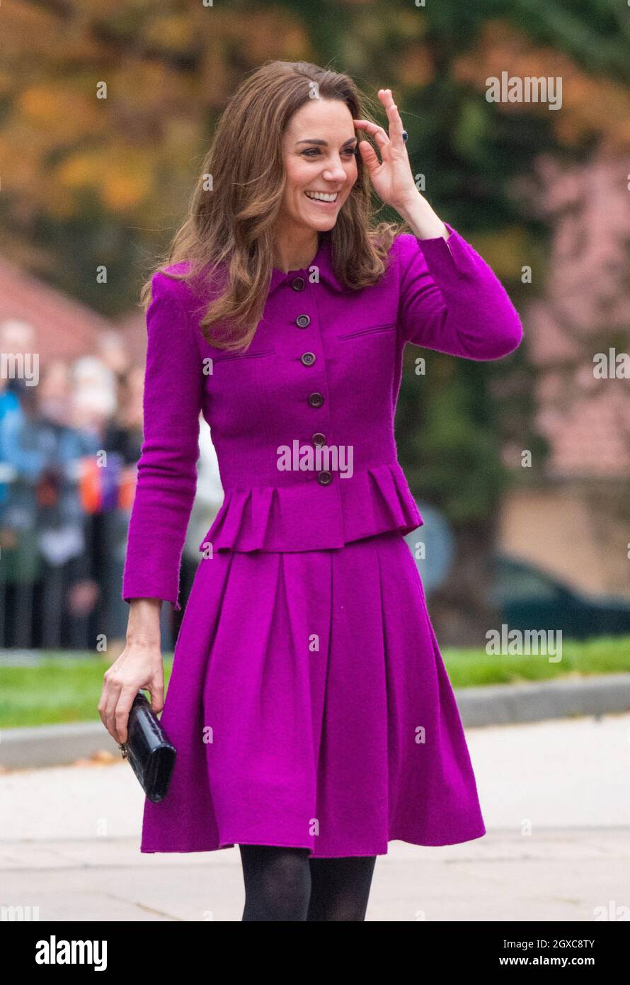 Catherine, Duchess of Cambridge, wearing a purple coat dress, opens the  Nook Children's Hospice in Framingham Earl in Norfolk on November 15, 2019  Stock Photo - Alamy