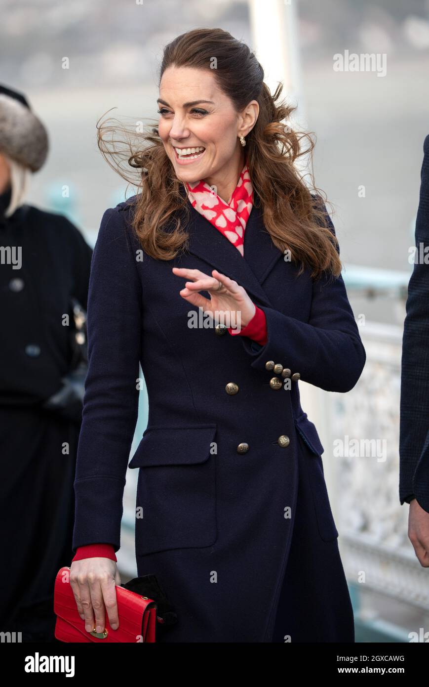 Catherine Duchess of Cambridge wearing a navy wool coat by Hobbs visit Mumbles Pier in South Wales on February 4 2020 Stock Photo Alamy