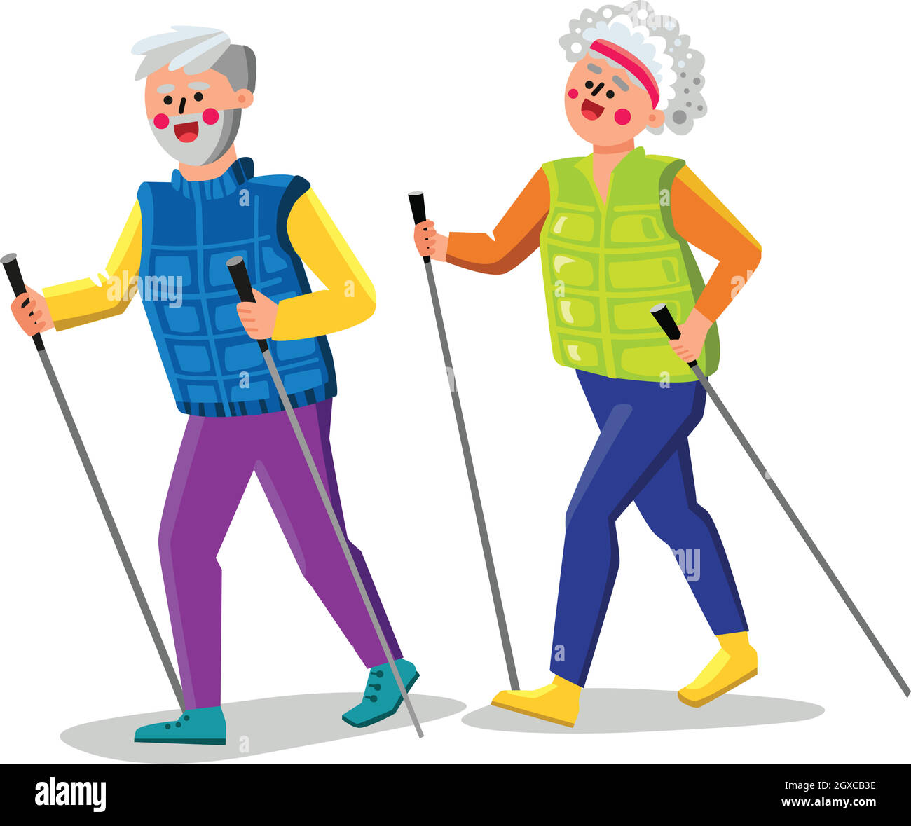 Nordic Walking Exercising Senior Couple Vector Illustration Stock Vector
