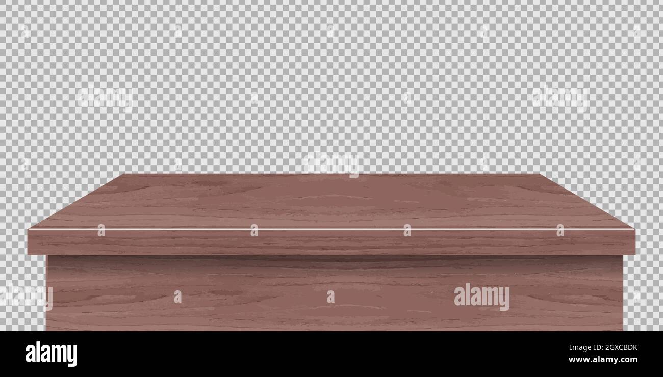 Wooden table foreground, tabletop front view, brown rustic countertop of wood surface. Retro dining desk or plank texture isolated on transparent back Stock Vector