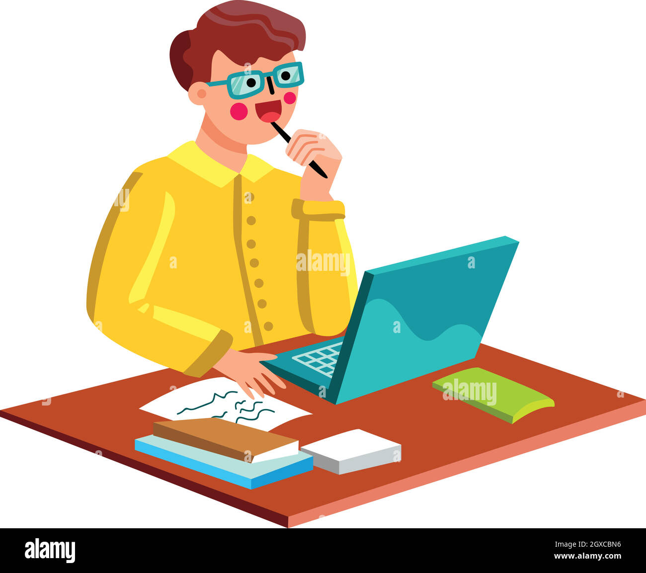 Writer Man Working At Desk With Laptop Vector Stock Vector
