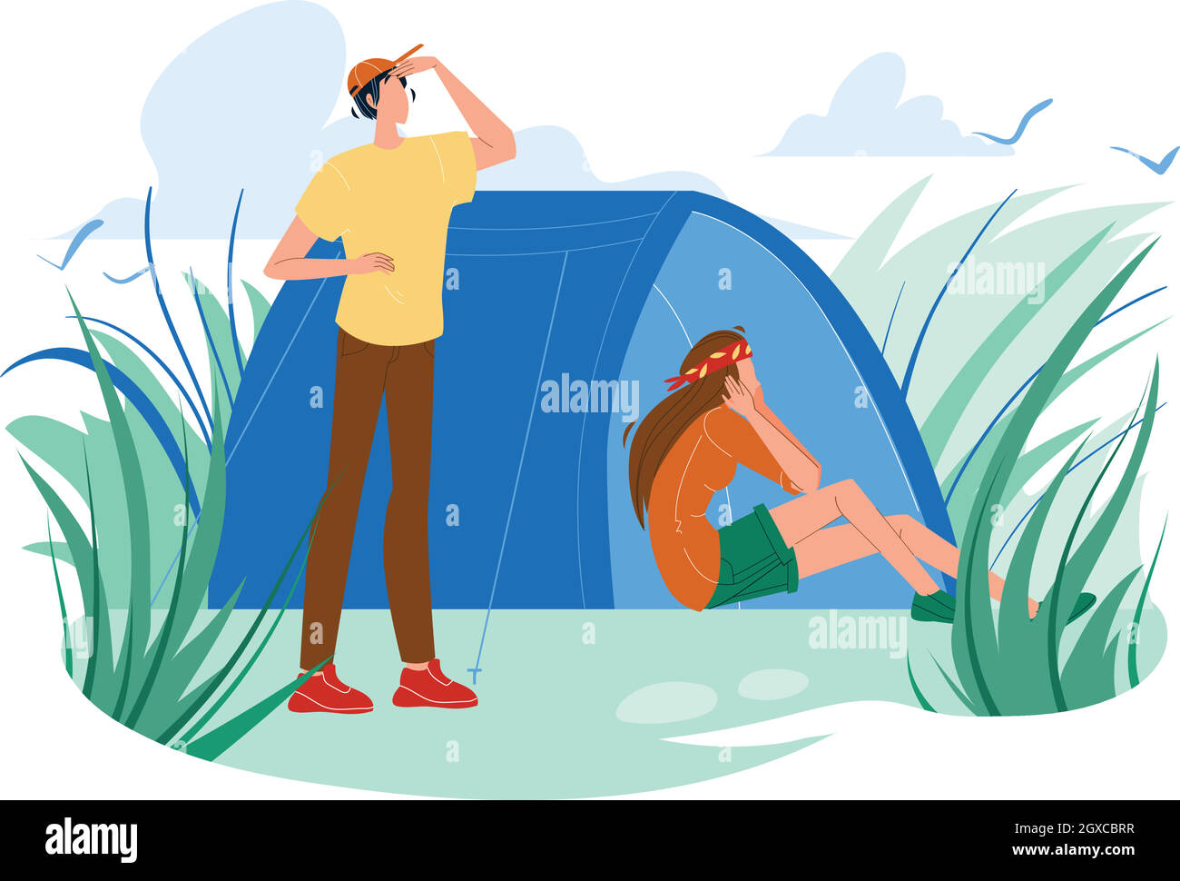 Campsite Tent And Tourists Man And Woman Vector Stock Vector Image ...