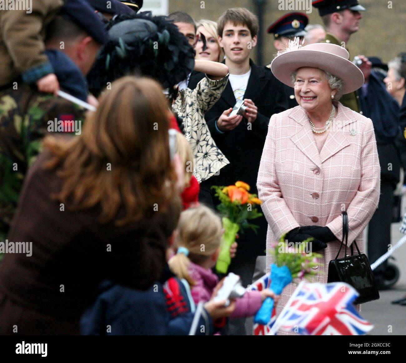 Queen Elizabeth II meets soldiers families during a visit to the Corps of Royal Engineers at Brompton Barracks in Chatham, Kent. Stock Photo