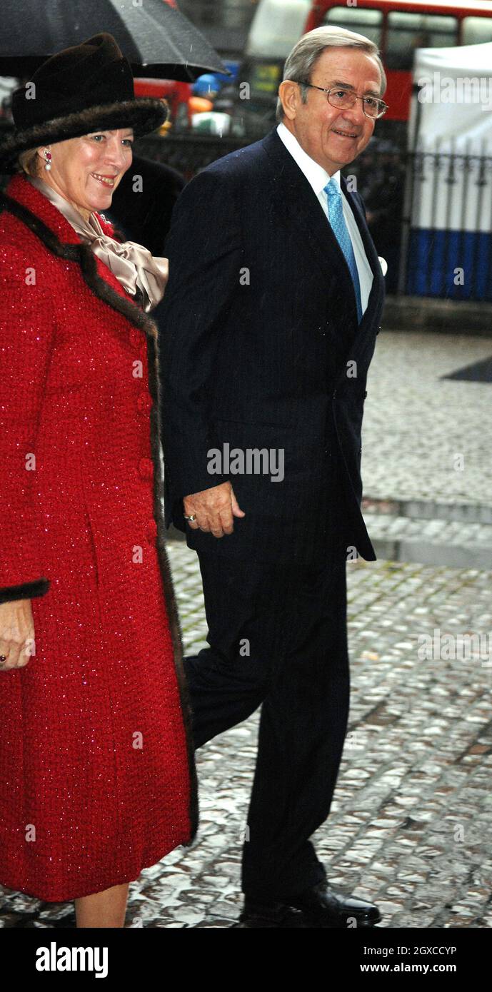 King Constantine of Greece and wife Anne-Marie arrive at a Service of Celebration for the Diamond Wedding Anniversary of Queen Elizabeth II and Prince Philip, Duke of Edinburgh at Westminster Abbey in London. Stock Photo