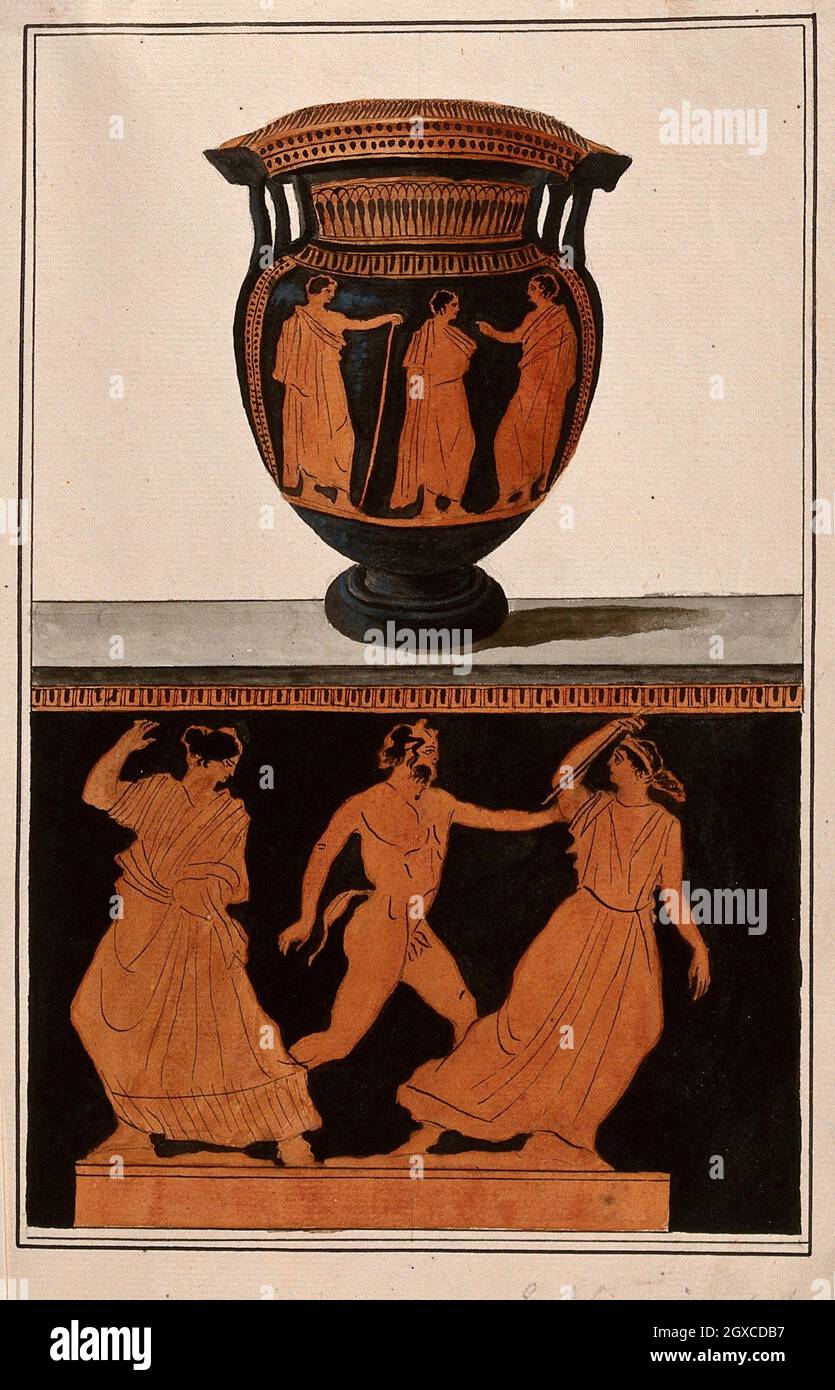 Above, red-figured Greek wine bowl (column krater); below, detail of the decoration showing two women and a satyr. Watercolour by A. Dahlstein, Stock Photo