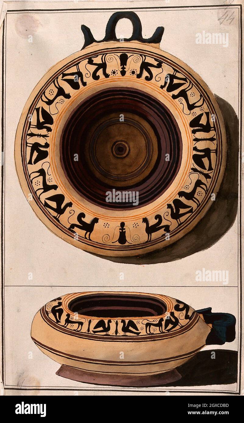 Above, white-ground balck-figured Greek vessel decorated with a frieze of stylised sphynxes and lions; below, side view of the vessel. Watercolour by Stock Photo