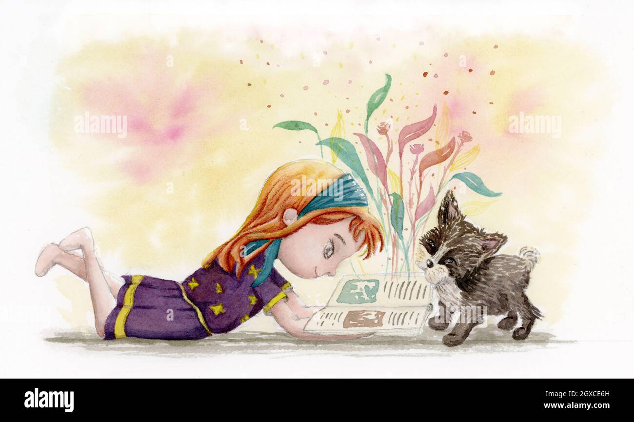 Girl child reading a fantasy book with her dog - watercolor illustration Stock Photo