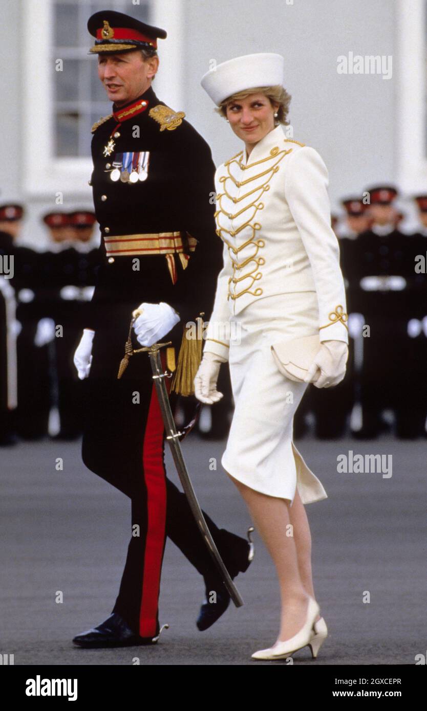 princess diana military dress Princess Diana wearing a military style suit by Catherine Walker and hat by  Graham Smith at Kangol attends a passing out parade at Sandhurst Stock  Photo
