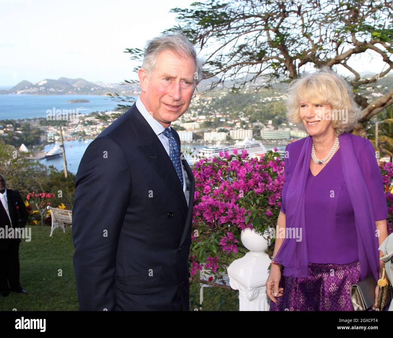 Prince Charles, Prince of Wales and Camilla, Duchess of Cornwall pose in the gardens of the Governor General's Residence in Castries, St. Lucia on March 7, 2008. Stock Photo