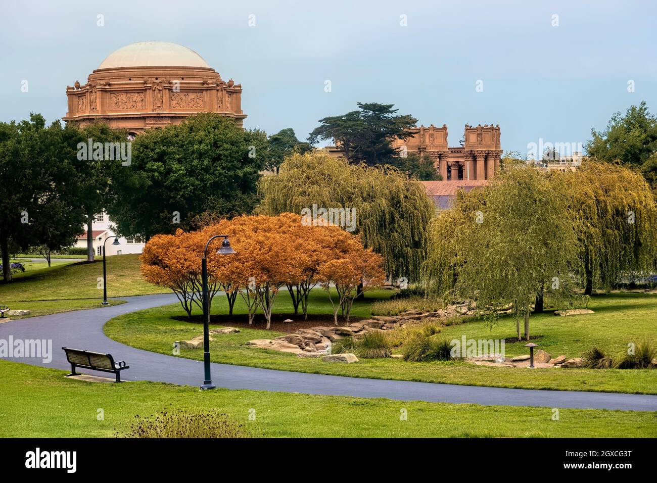 Green park space by the Palace of Fine Arts, Presidio, San Francisco, California, U. S. A. Stock Photo