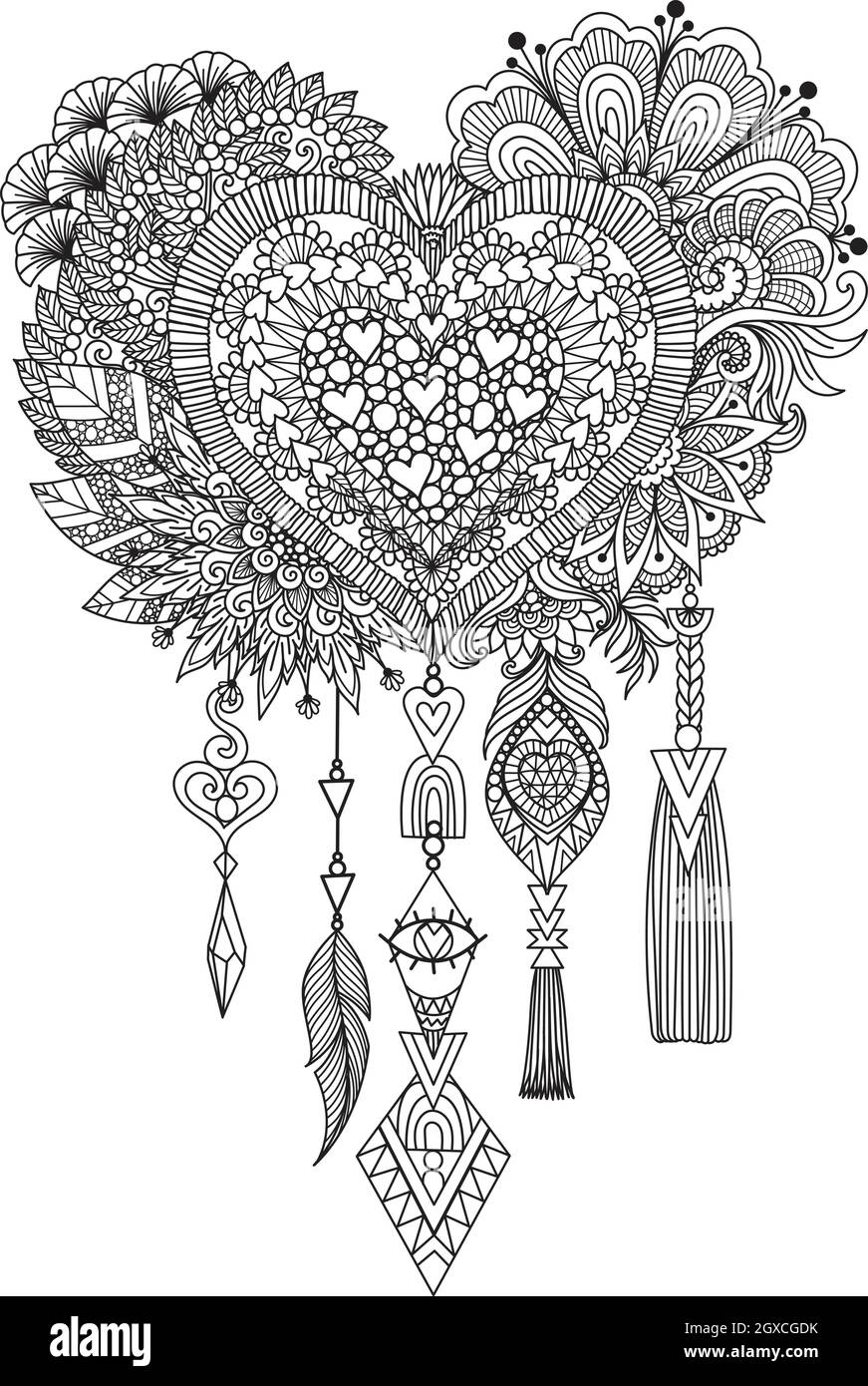 Heart shape dream catcher for coloring book, engraving or print on ...