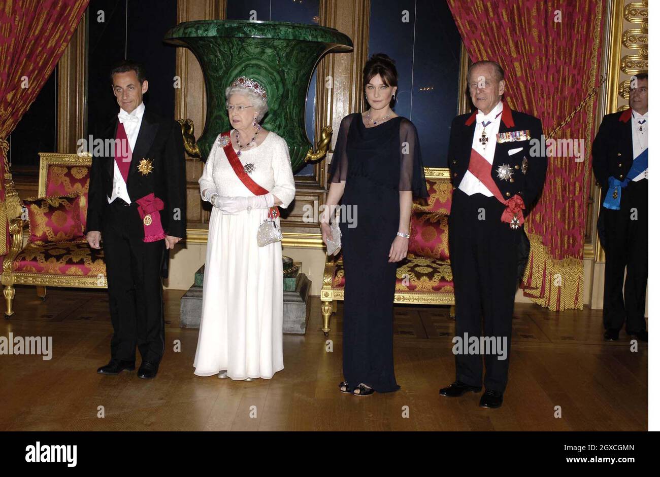 President Nicolas Sarkozy of France, Queen Elizabeth ll, Carla Bruni-Sarkozy and Prince Philip, Duke of Edinburgh arrive for a State Banquet at Windsor Castle during for a two day state visit to the UK. Stock Photo