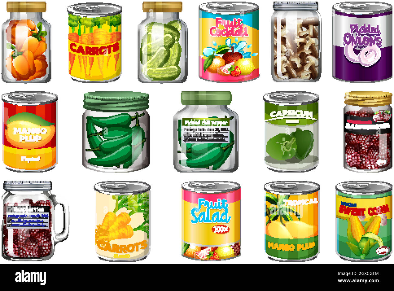 Set of different canned food and food in jars isolated Stock Vector