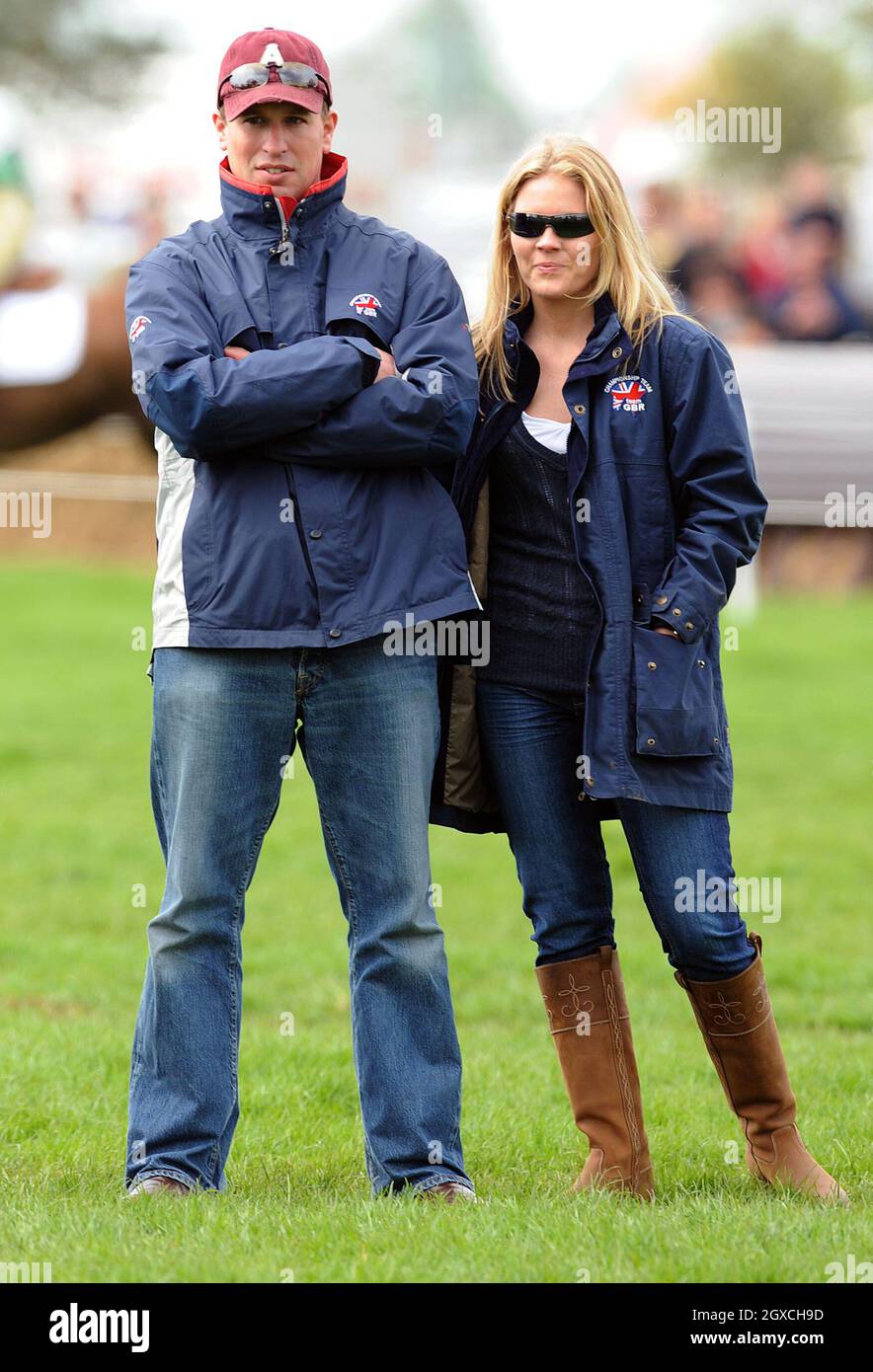 Autumn Kelly and Peter Phillips look on during day 3 of the Badminton Horse Trials in Badminton, England. Stock Photo
