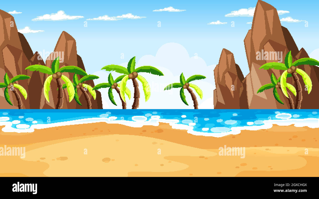 Tropical beach scene with many palm trees at day time Stock Vector ...
