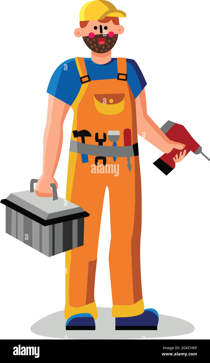 Repair Man Holding Drill And Instrument Box Vector Stock Vector Image