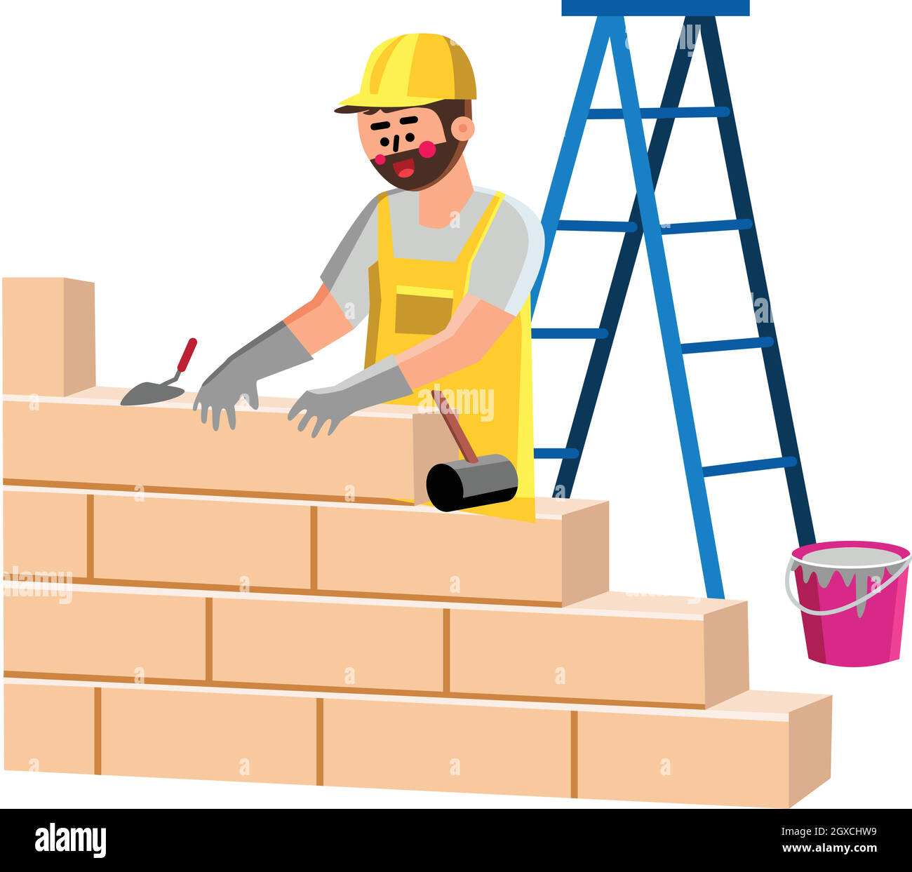 Builder Building House Wall With Bricks Vector Stock Vector
