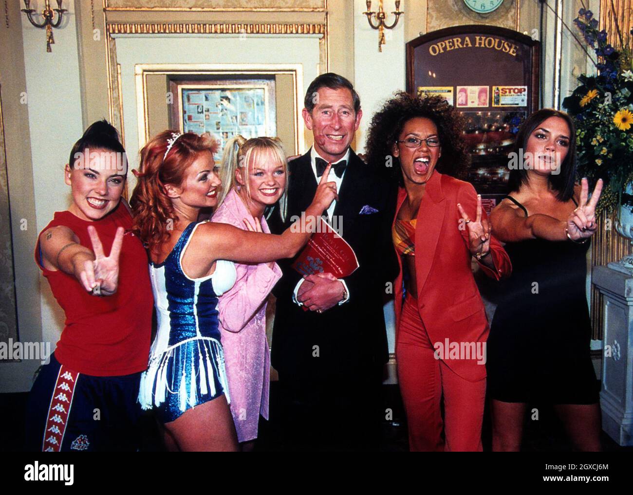 The Prince of Wales receives a warm reception from the Spice Girls Stock Photo