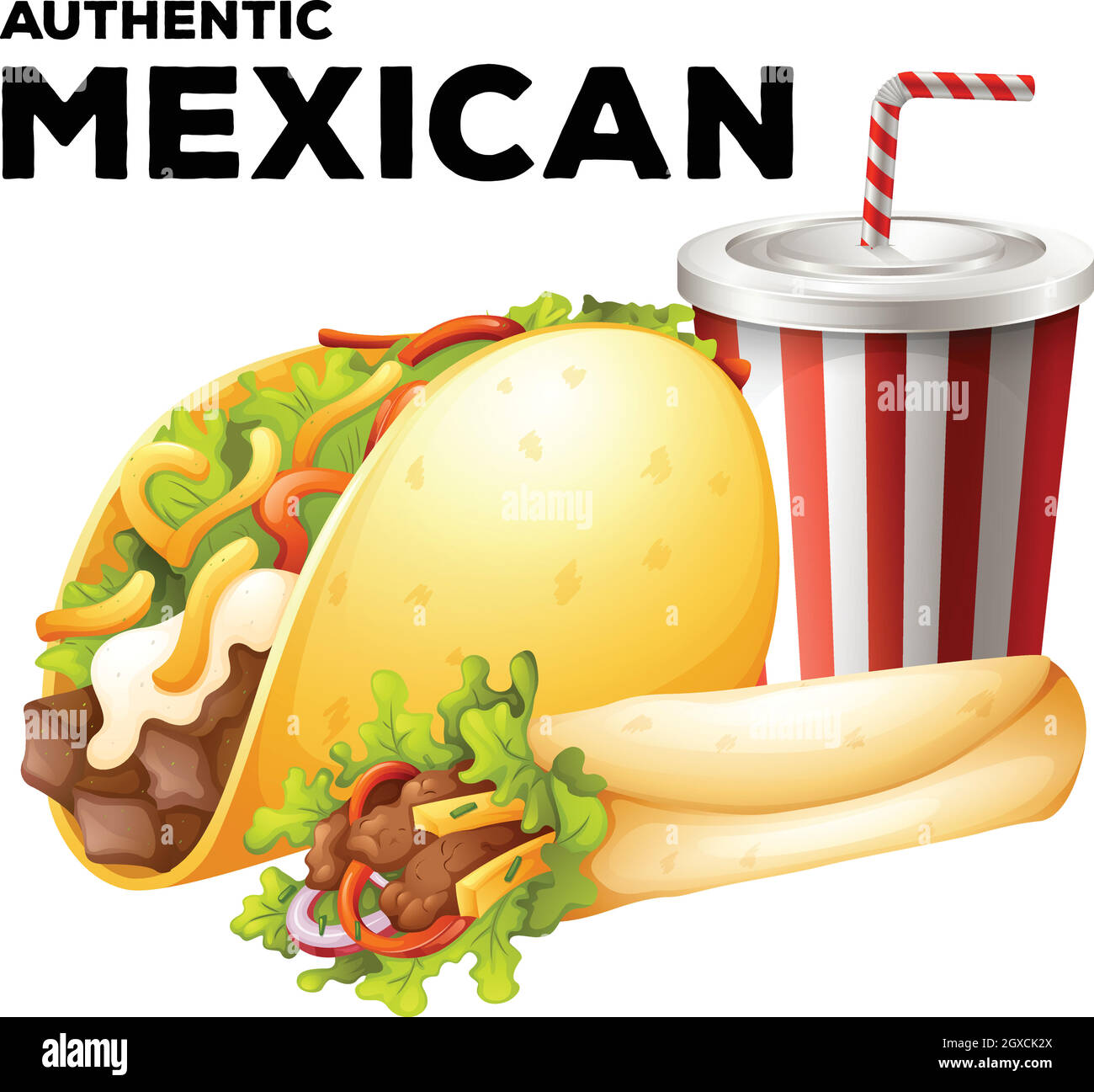 Mexican food with taco and burrito Stock Vector