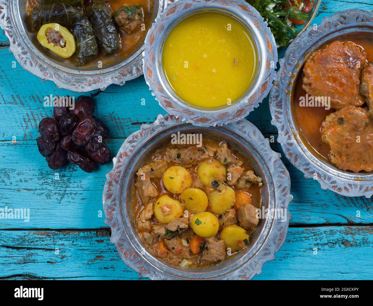 Eid Mubarak Traditional Ramadan Iftar dinner. Assorted tasty food in ...