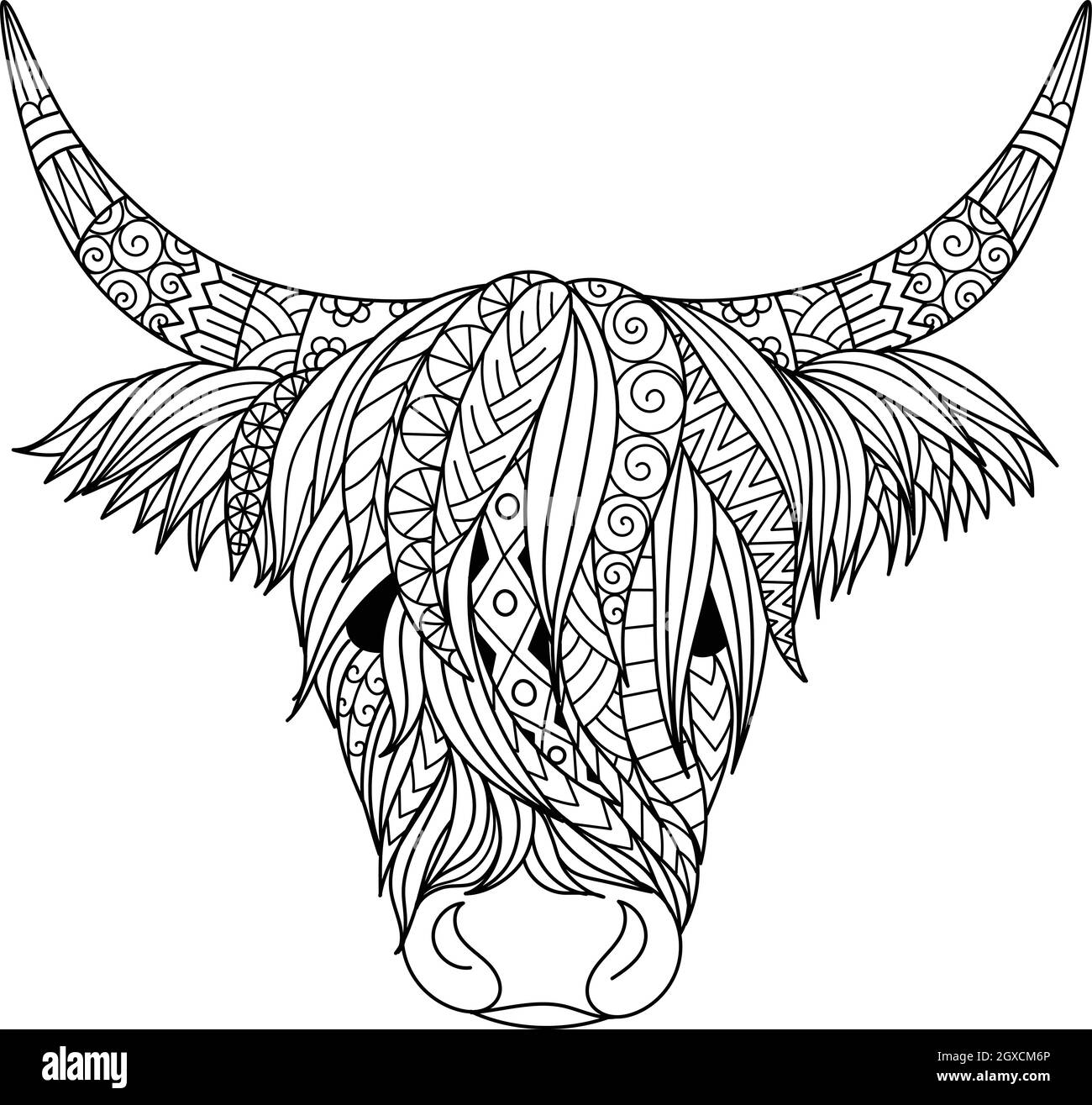 Highland cow design for coloring book,coloring page, t shirt design and so on. Vector illustration Stock Vector