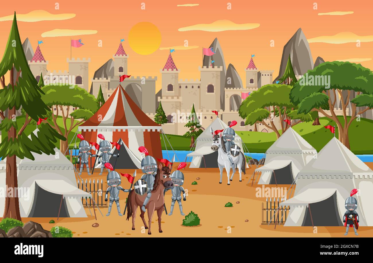 Military medieval camp with tents and castle illustration Stock Vector ...
