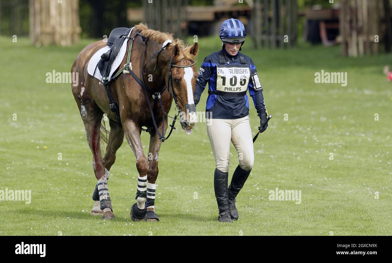 Zara Phillips looks dejected as she walks her horse Toytown back to the  stables after failing to complete the Cross Country phase of the Badminton  Horse Trials. This was not Zara's lucky