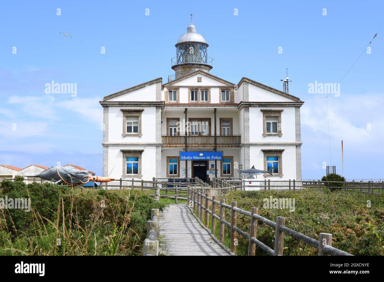 Cabo de Penas, lighthouse and information center. Gozon, Asturias, Spain. Stock Photo