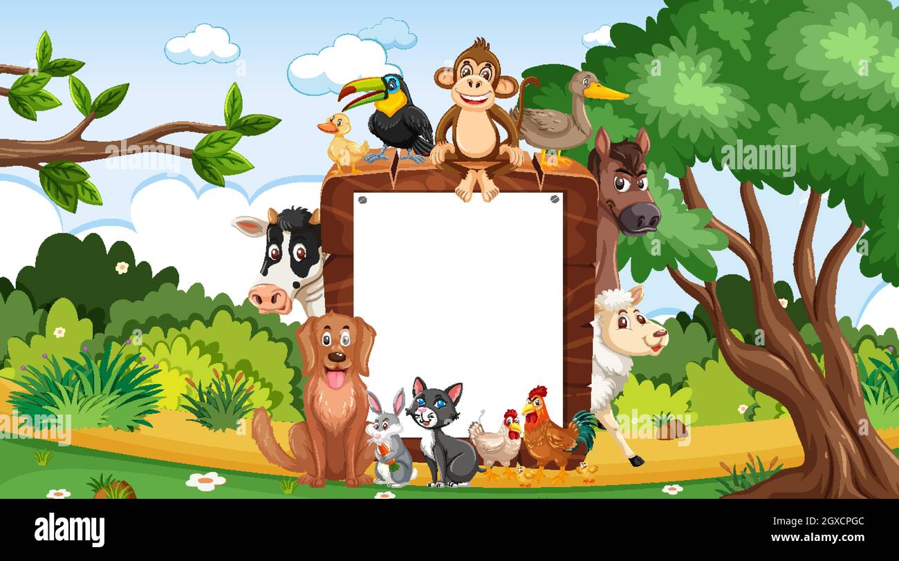Empty wooden frame with various wild animals in the forest illustration ...