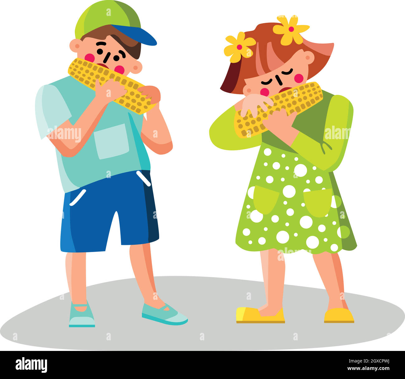 Children Eating Boiled Corn Vegetable Food Vector Stock Vector Image