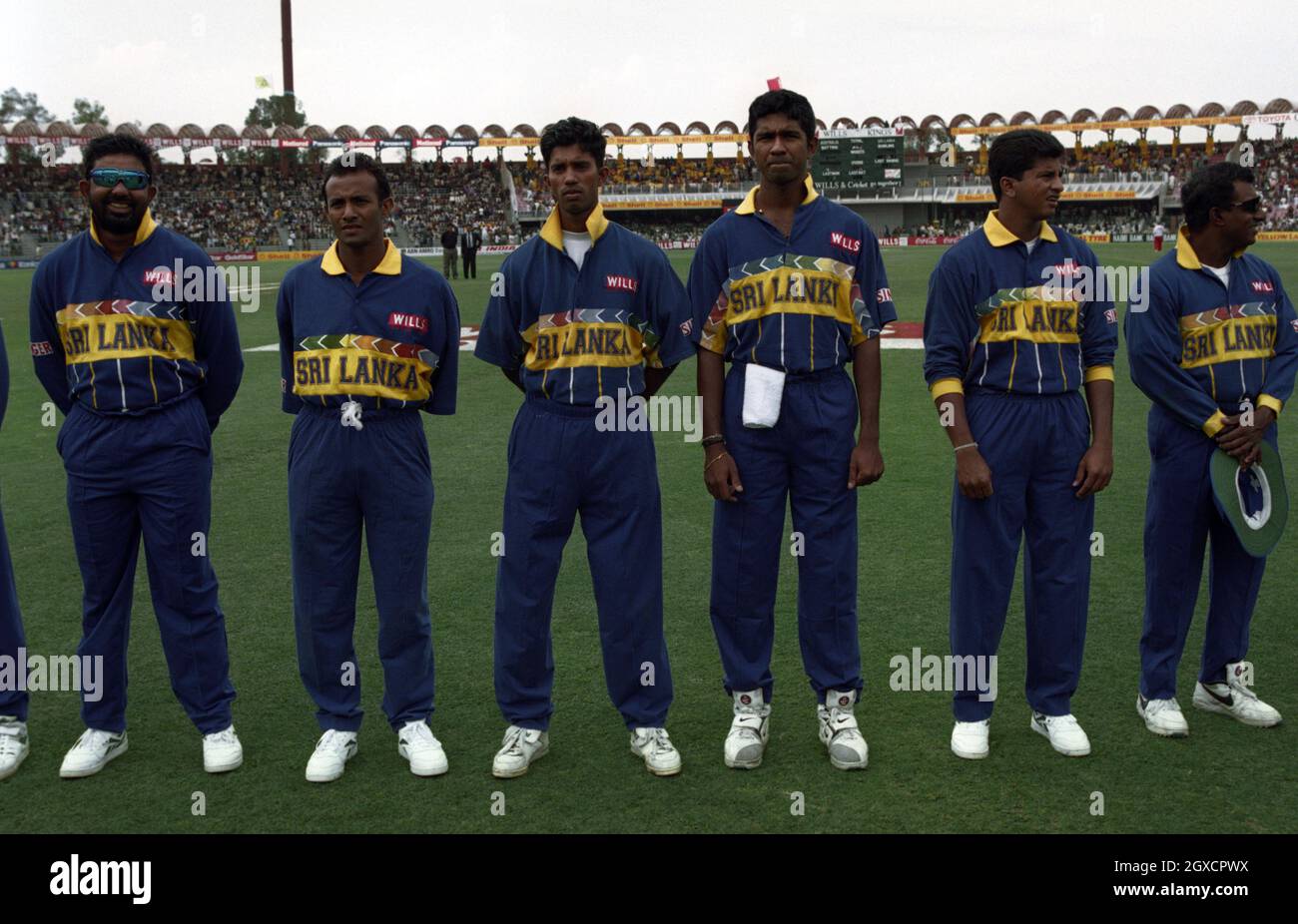 Members of the Sri Lankan cricket team line up prior to the final of