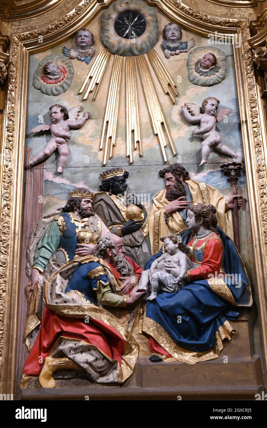 Calahorra, Cathedral of Santa Maria (17th century). Rococo altarpiece in La Capilla de los Reyes (18th century), detail. La Rioja, Spain. Stock Photo