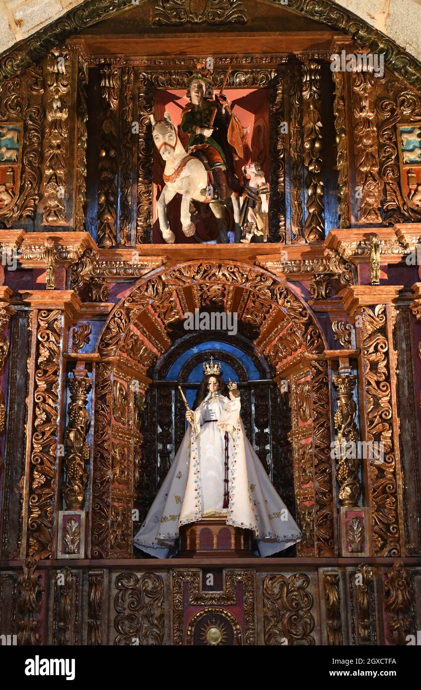 Santa Maria de la Lanzada hermitage (romanesque 12-13th century). Baroque altarpiece. Sangenjo, Pontevedra, Galicia, Spain. Stock Photo