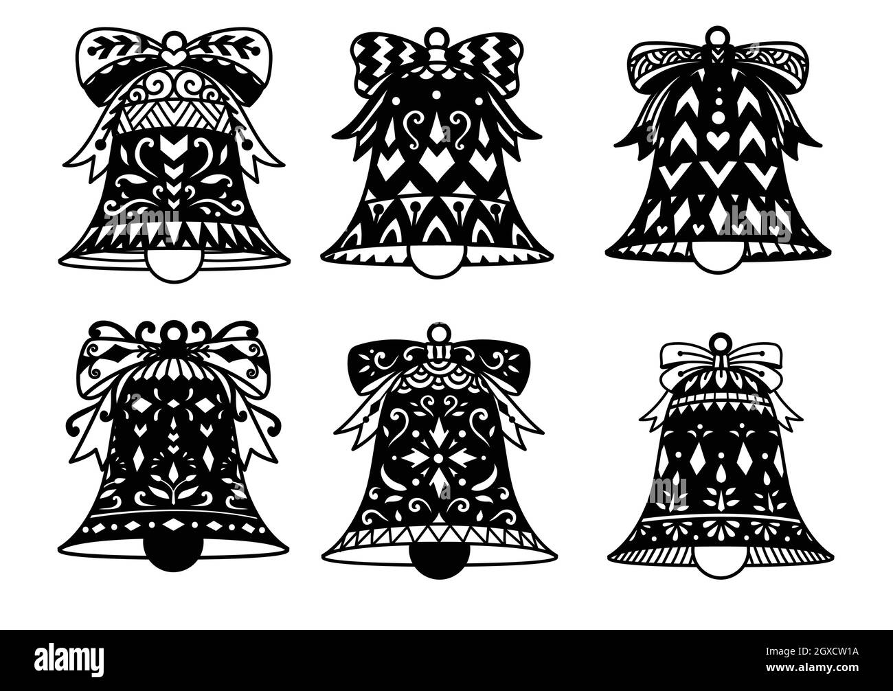 Six designs of Christmas bell for laser cutting,print on product,papler cutting, wood carving and so on. Vector illustrartion. Stock Vector