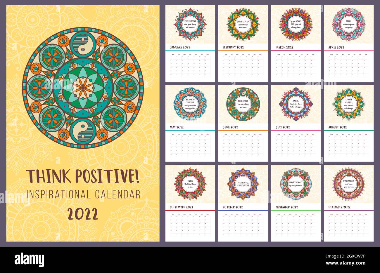 Think positive inspirational calendar 2022 with quotes and colorful