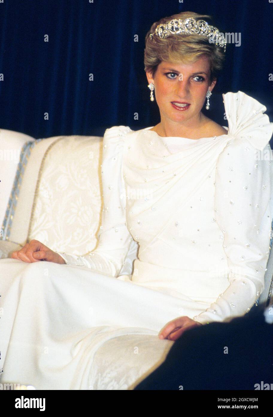 **FILE PHOTO** Diana, Princess of Wales wears a silk Emanuel dress during her visit to the Gulf State of Bahrain in November 1986. Designers Elizabeth and David Emanuel are holding an auction of dresses worn by the late Princess Diana. The dresses are to go up for auction on June 8, 2010 in London, at specialist vintage fashion auctioneers Kerry Taylor Auctions.  Stock Photo