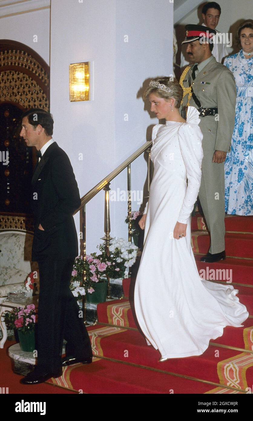 **FILE PHOTO** Diana, Princess of Wales wears a silk Emanuel dress during her visit to the Gulf State of Bahrain in November 1986. Designers Elizabeth and David Emanuel are holding an auction of dresses worn by the late Princess Diana. The dresses are to go up for auction on June 8, 2010 in London, at specialist vintage fashion auctioneers Kerry Taylor Auctions.  Stock Photo