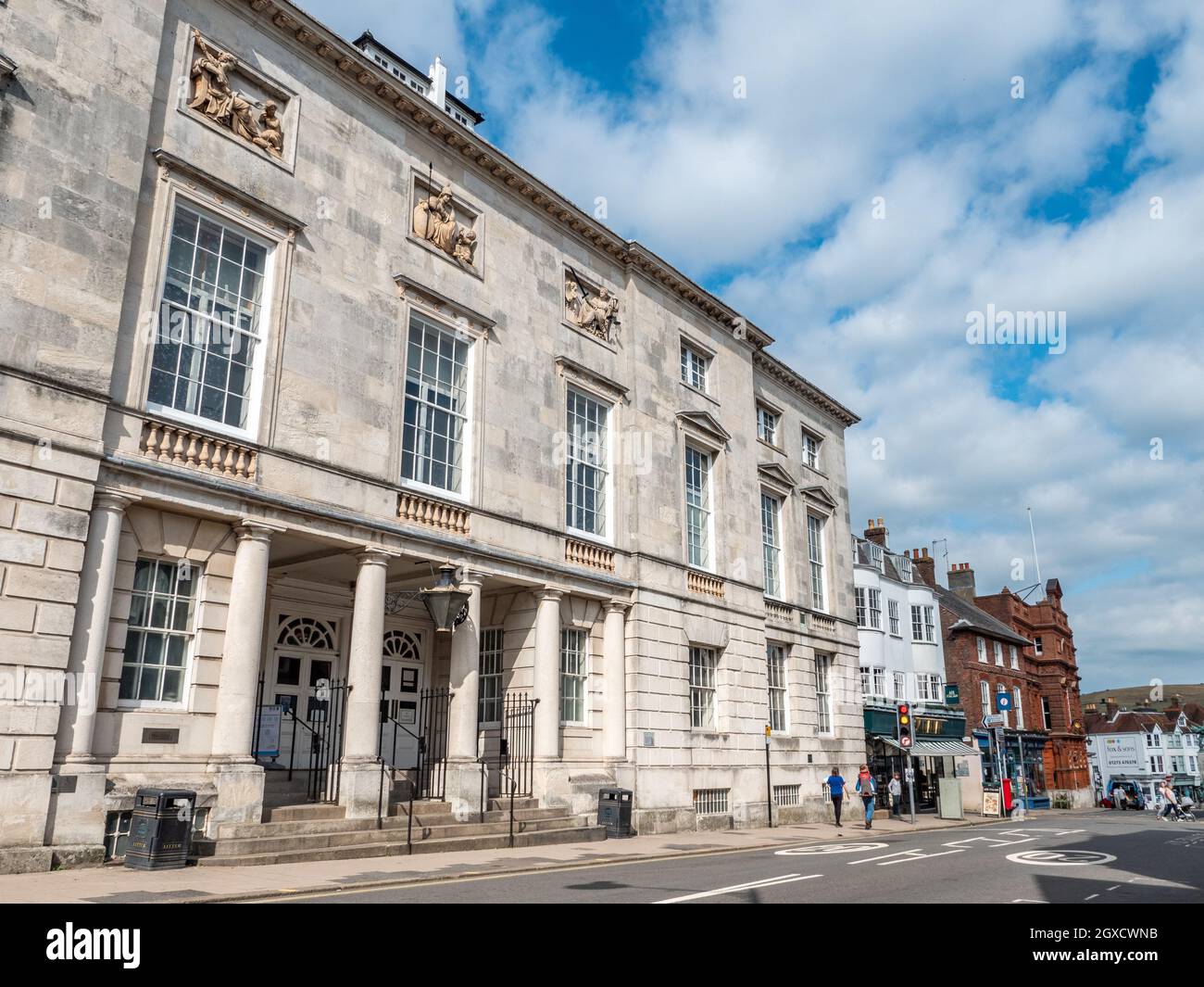 Lewes Crown Court, East Sussex, England. The entrance and façade on the High Street to the landmark county town courthouse. Stock Photo