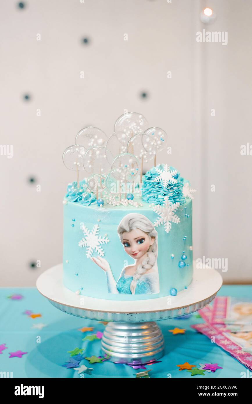 Moscow, Russia. July 2021. Frozen heart style baby Birthday Cake with