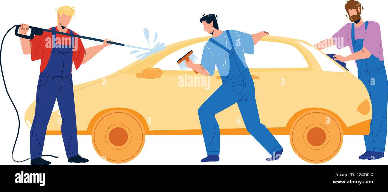 Car Wash Service Workers Washing Automobile Vector Stock Vector