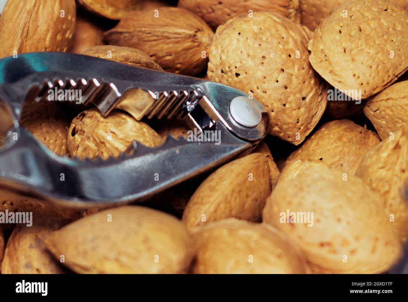 Nutcracker on a group of almonds in their shells. Healthy food. Protein