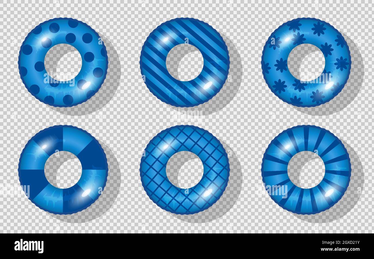 Swim rings set. Inflatable rubber toy. Blue vector collection