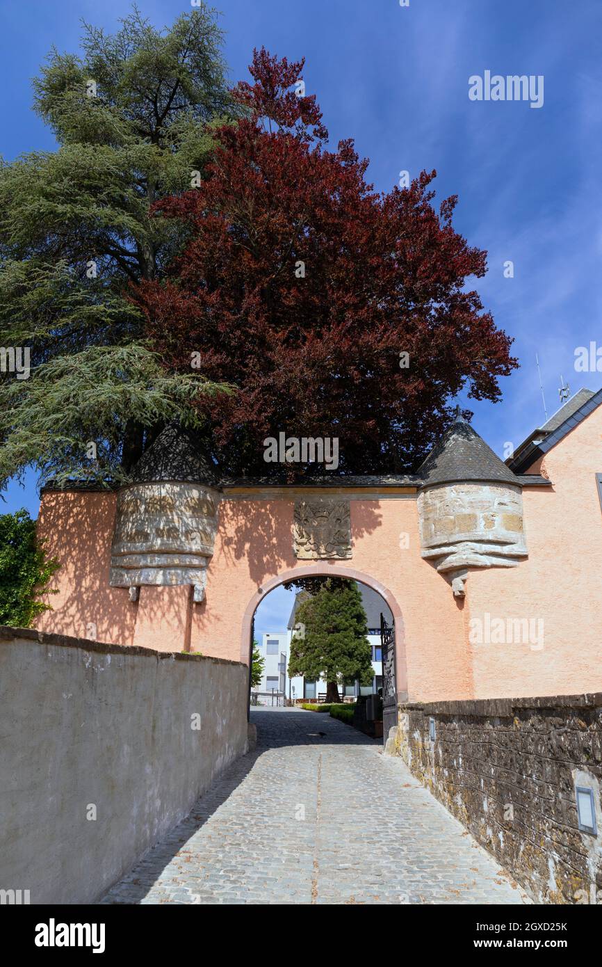 Europe, Luxembourg, Mersch, Mersch Castle (Château de Mersch) showing Ached Entrance to the Compound. Stock Photo