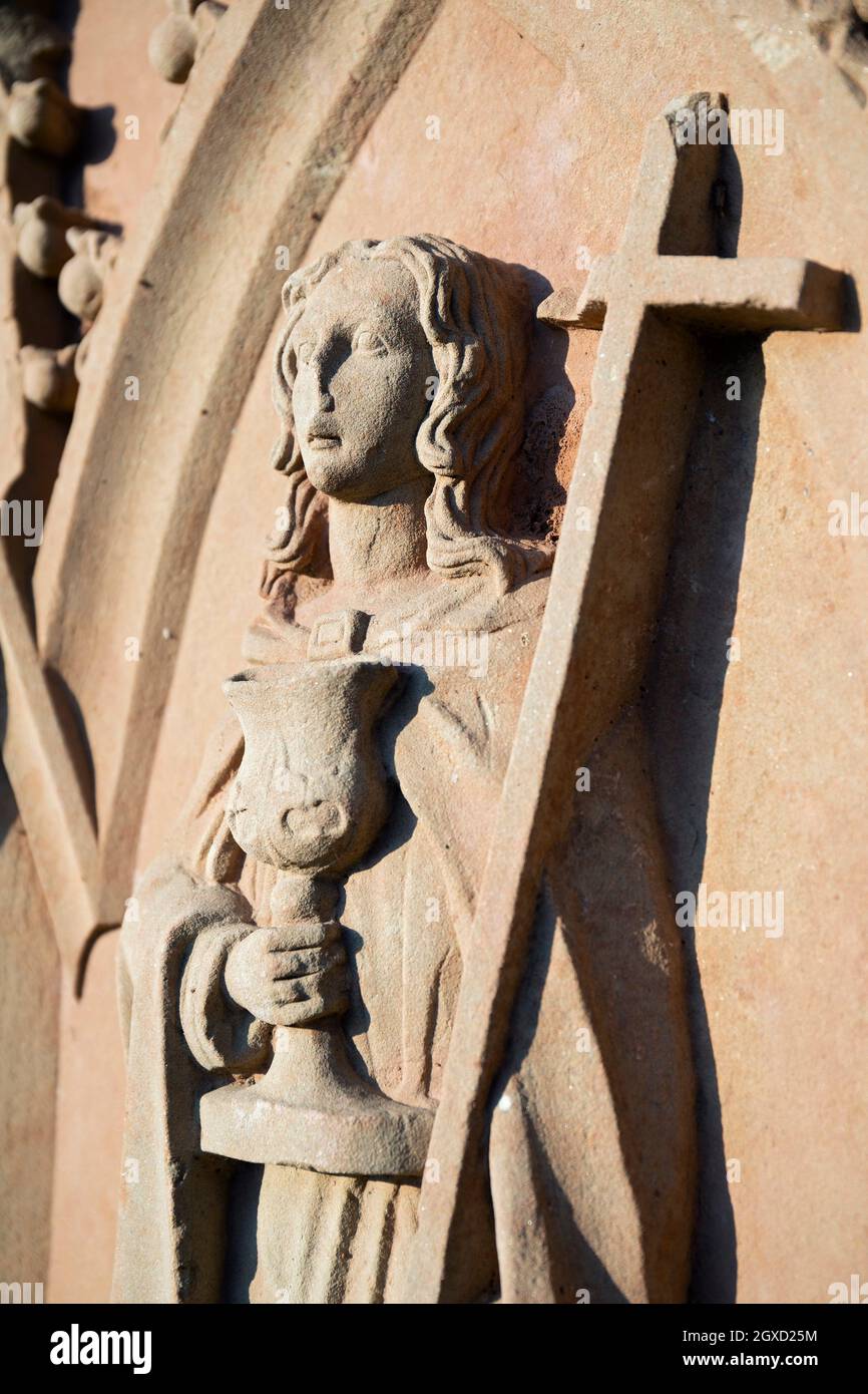 Europe, Luxembourg, Useldange, Useldange Castle with detail of carved Female Divinity holding a Chalice and a Cross. Stock Photo