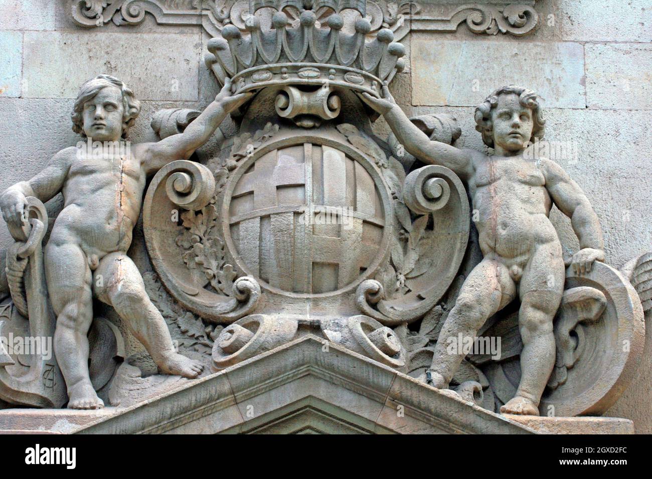 sculpture of the coat of arms of Barcelona by Eusebi Arnau, 1927, from the Correos y Telégrafos building, Barcelona, ??Catalonia, Spain Stock Photo