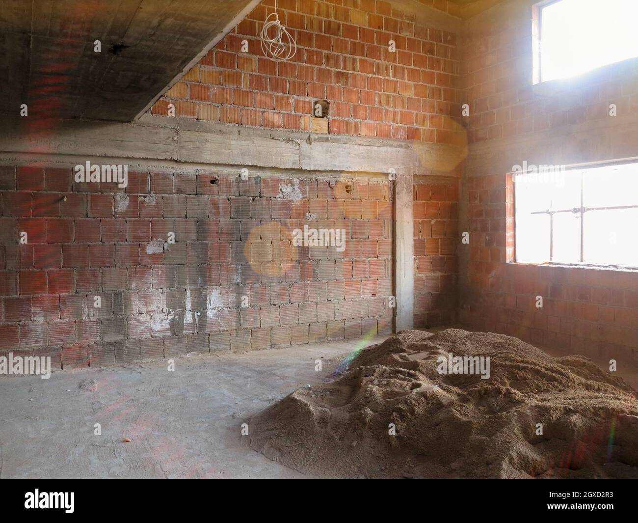 Image showcasing construction site interior of new two levels apartment with windows and ...