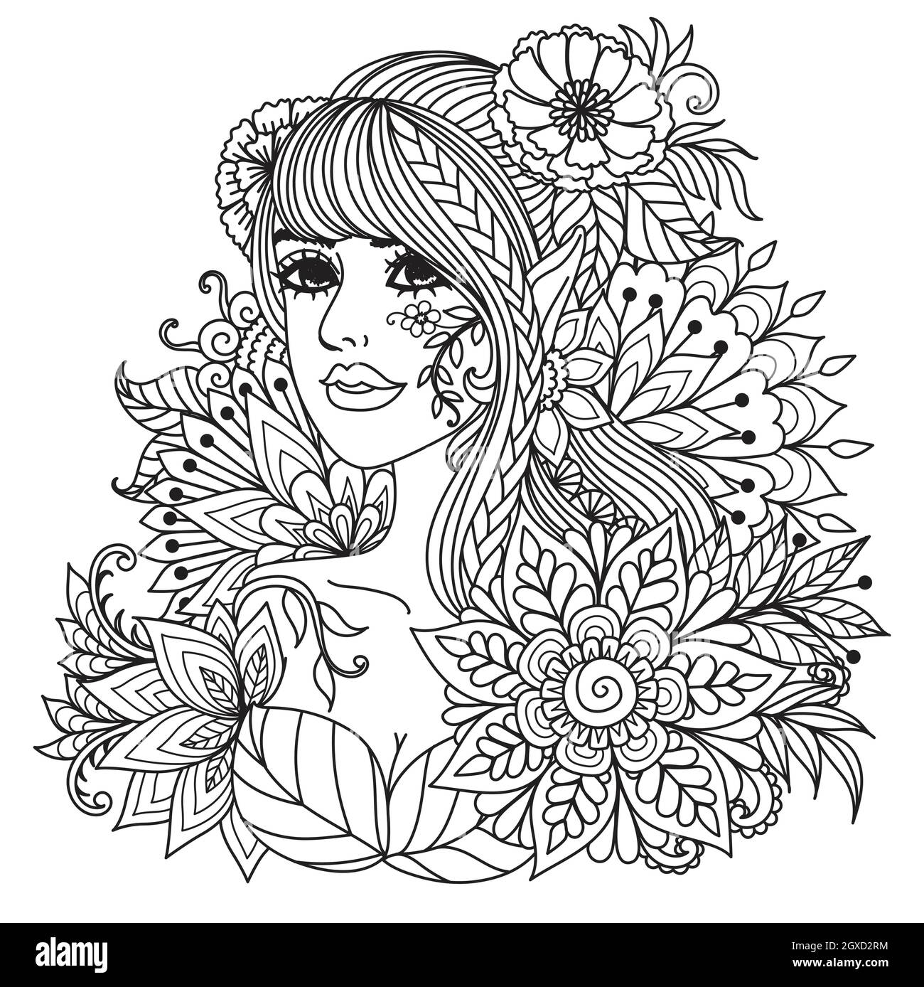 Fairy girl with mandala flowers for coloring book, print on product, laser engraving and so on. Vector illustration Stock Vector