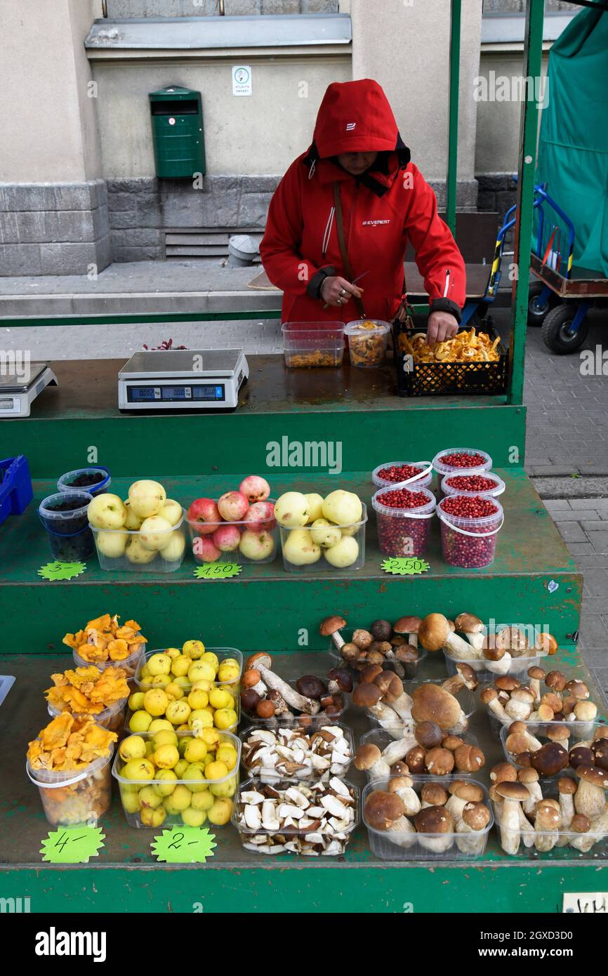 Fruit and vegetables for sale by vendor at the central market of Riga, Latvia. Stock Photo