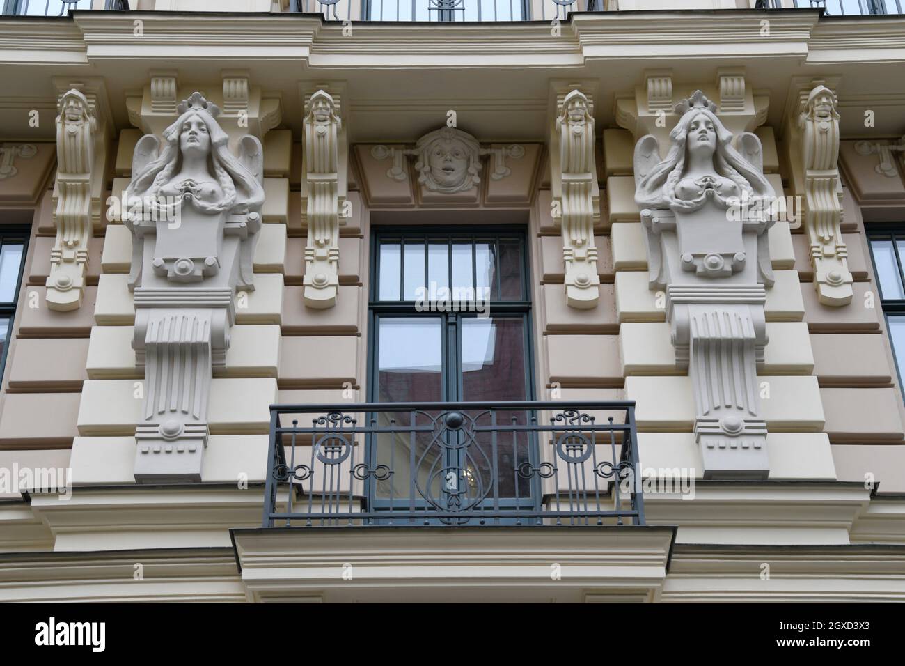 Art nouveau facade in the historic city centre of Riga, Latvia, Baltic region, Europe. Stock Photo